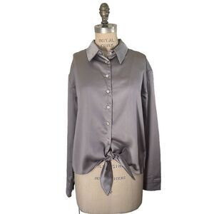 Leith Women's Satin Front Knot Tie Long Sleeve Blouse‎ Made In USA Grey Sz S NWT